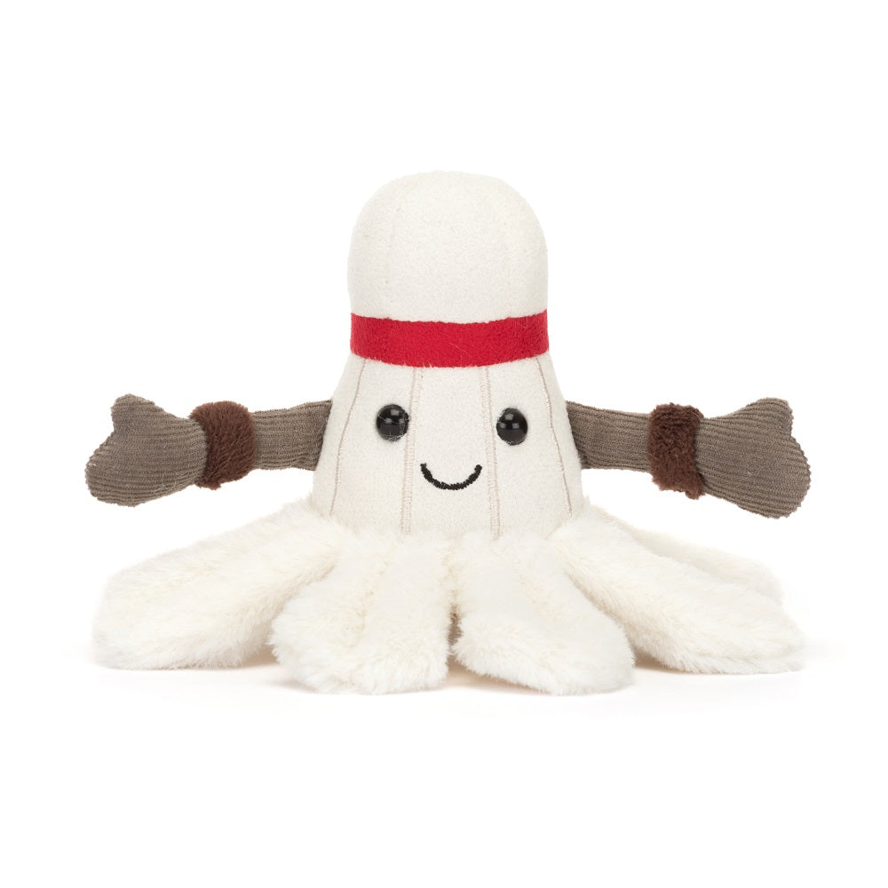 Plush badminton shuttlecock with red stripe, arms, and a smiling face.