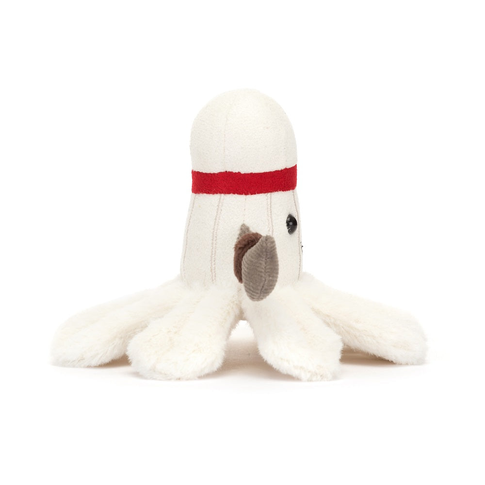 Stuffed bowling pin with octopus arms.