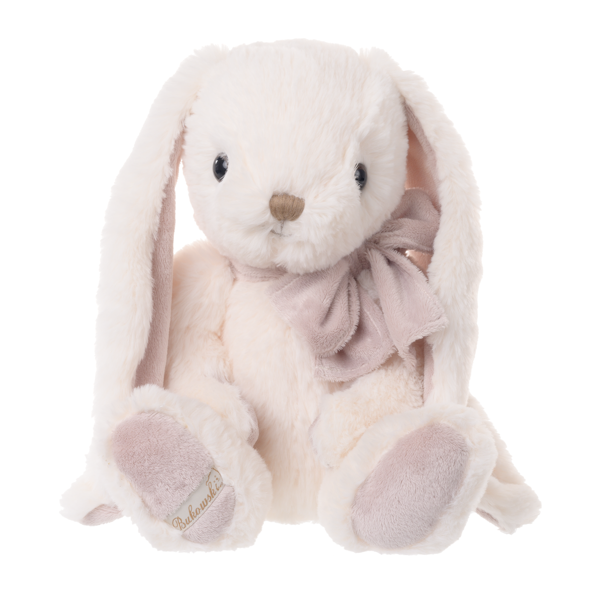 White plush bunny with a bow on a white background