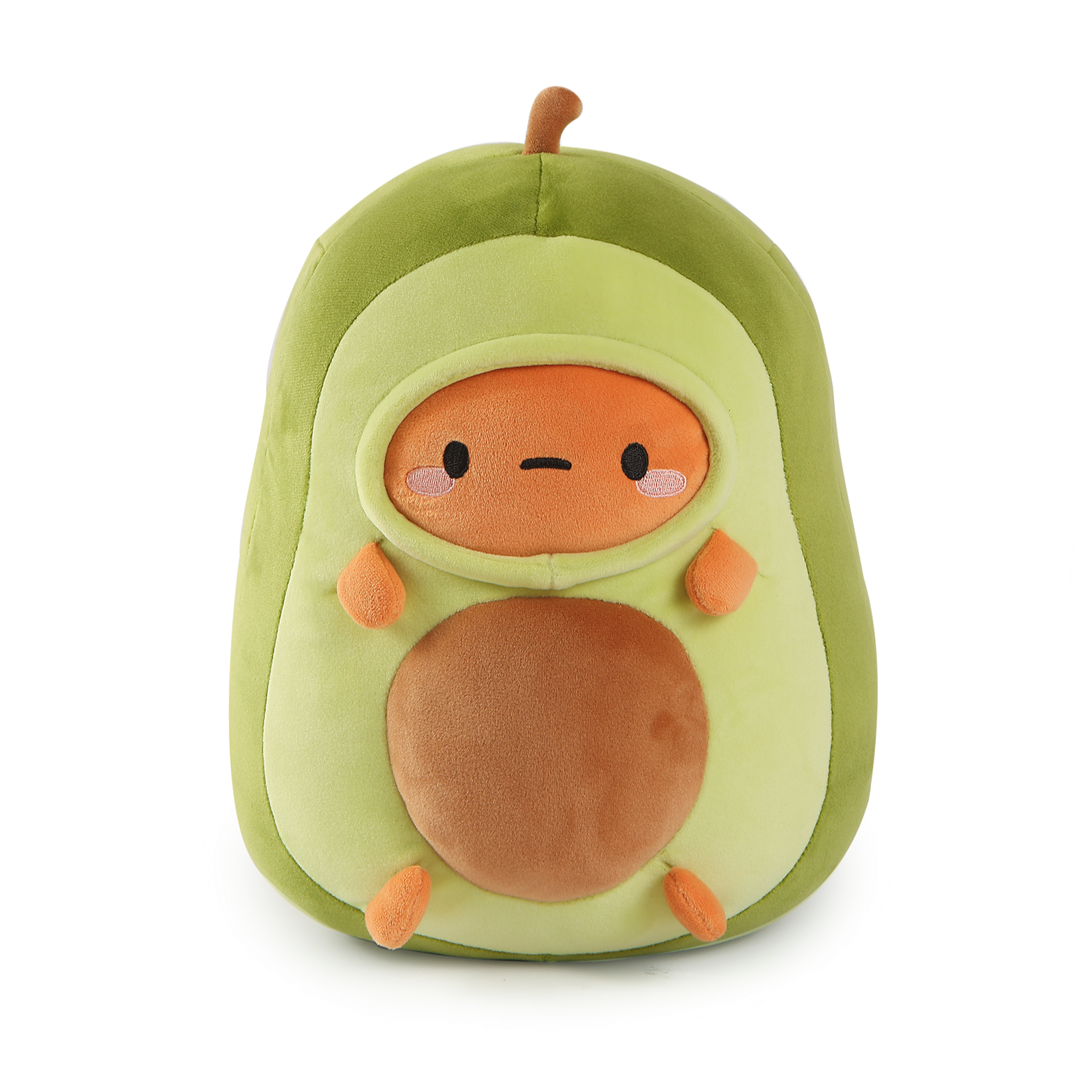 Green avocado plush toy with face.