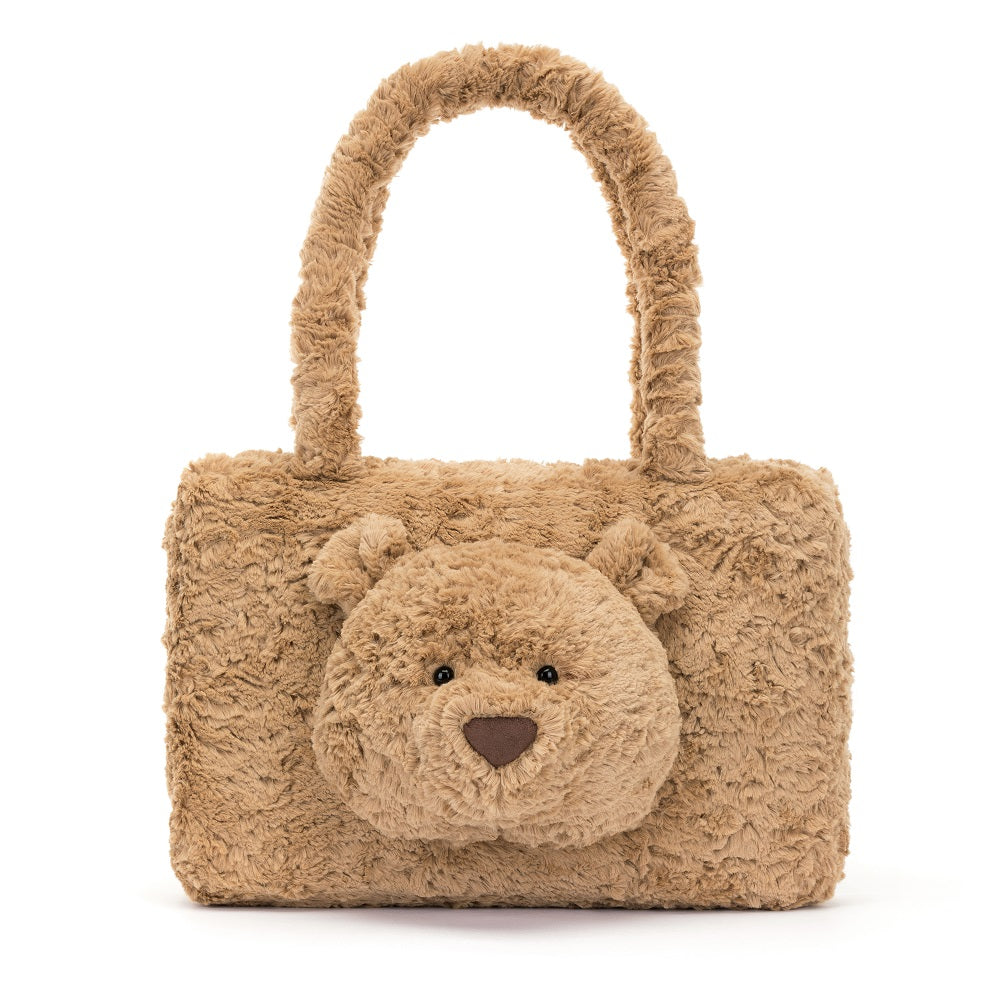 Brown plush teddy bear tote bag.