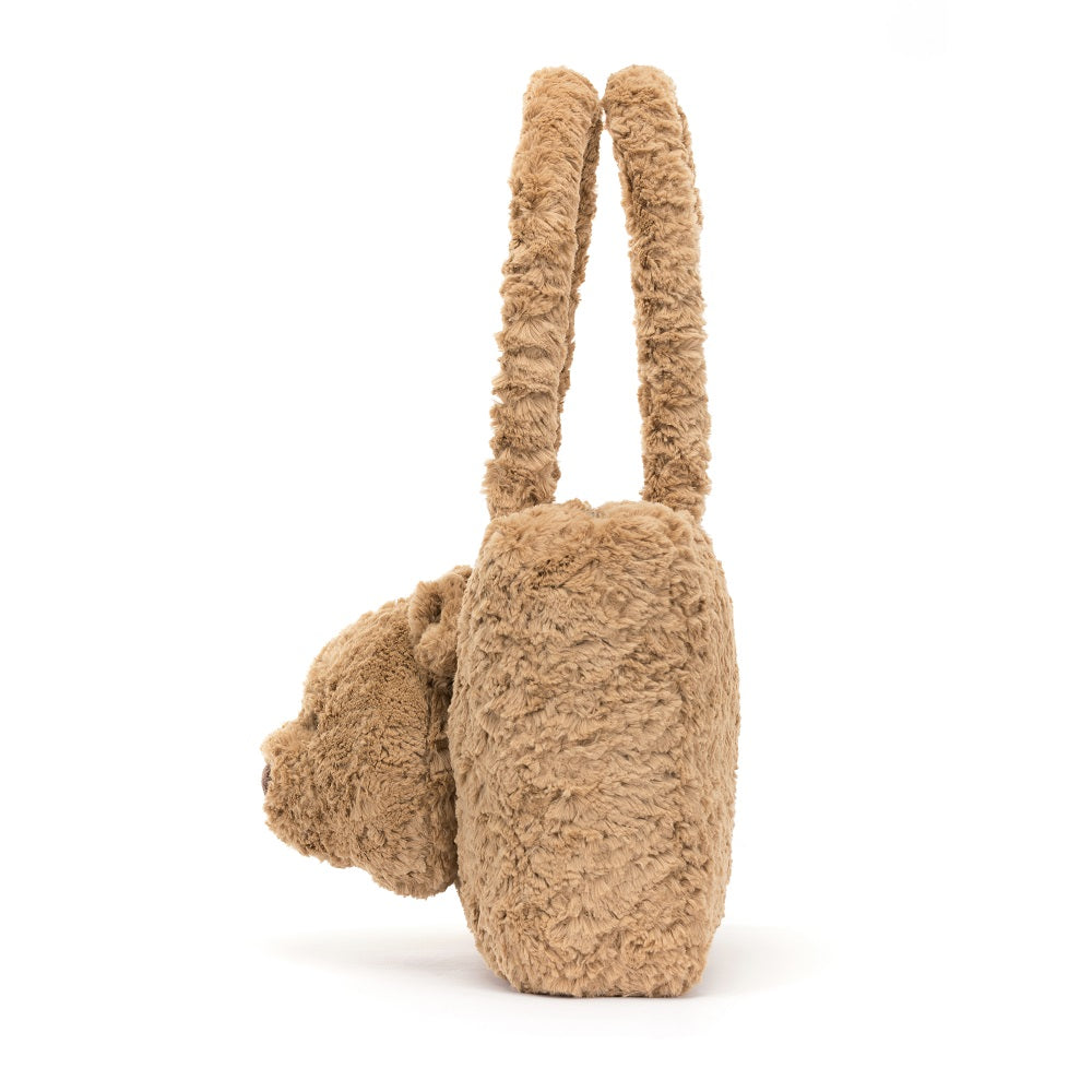 Brown plush teddy bear purse with handles.
