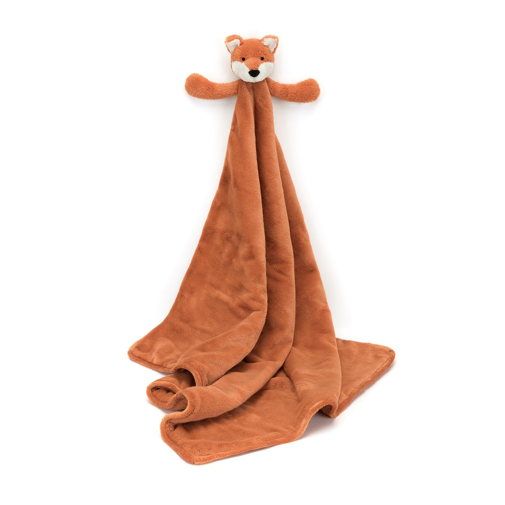 Brown plush fox lovey with a blanket attached.