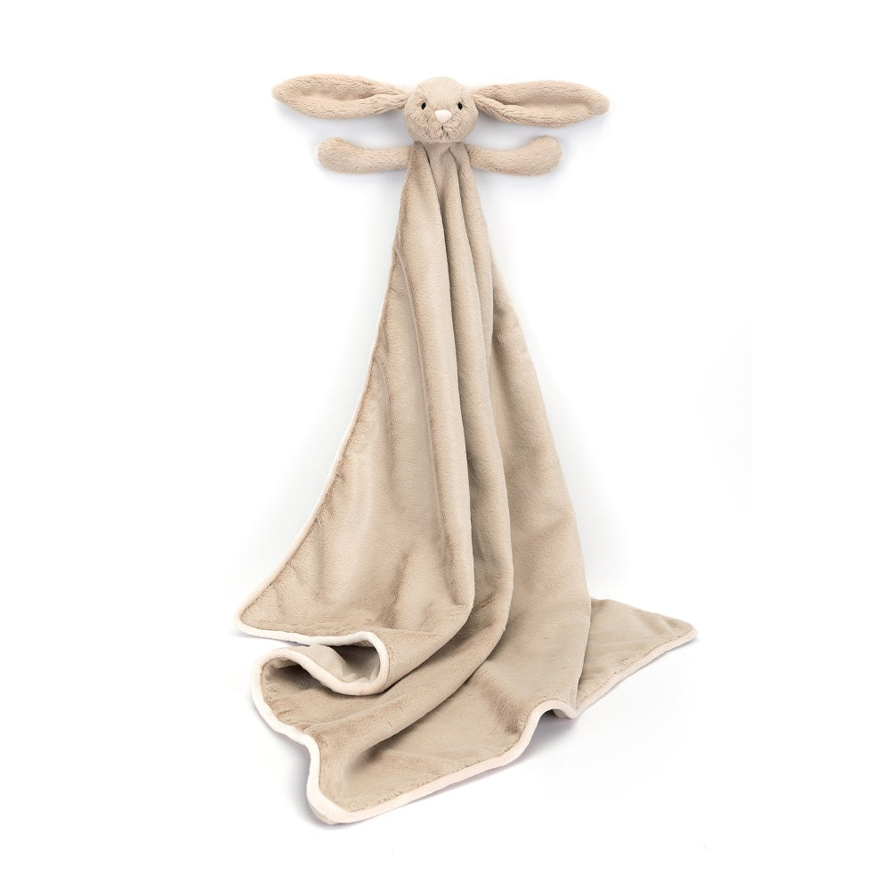Tan plush bunny security blanket.