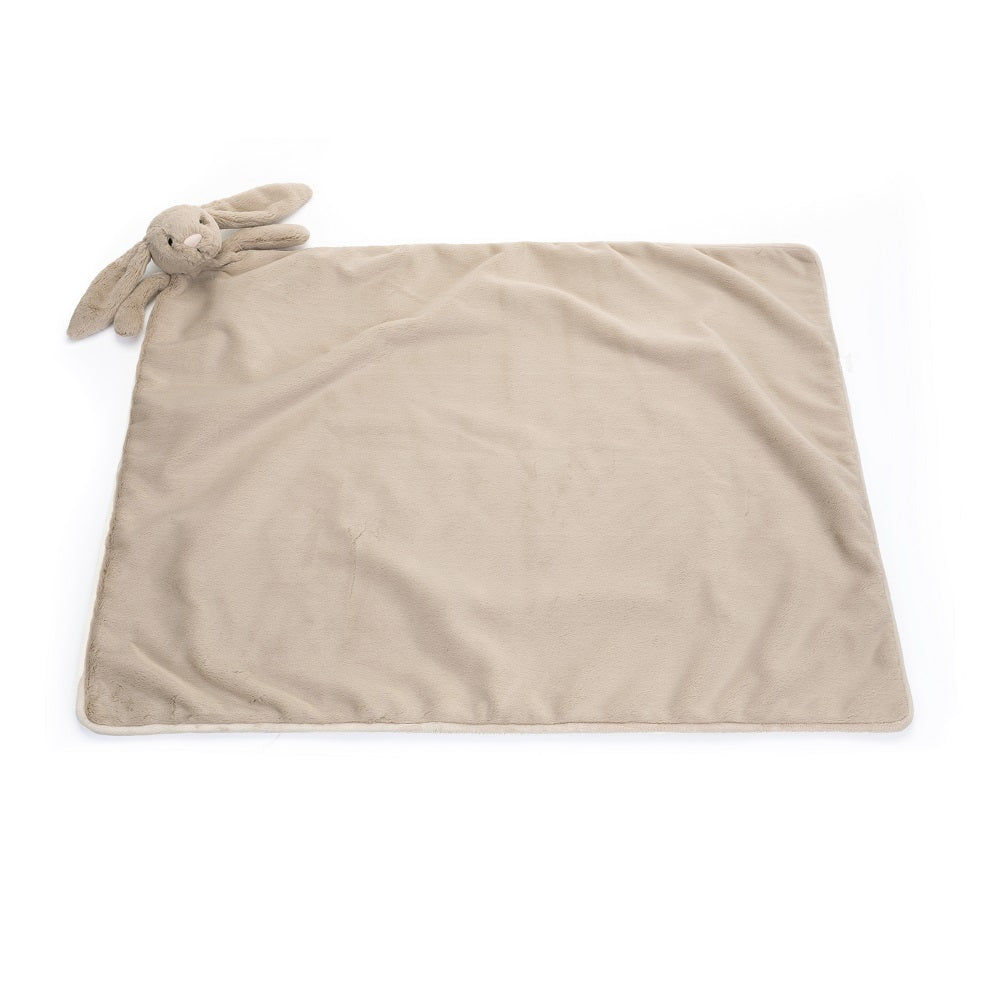 Tan baby blanket with a bunny plush attached.