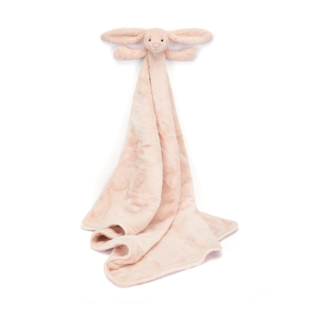Pink bunny head attached to a plush, soft blanket.