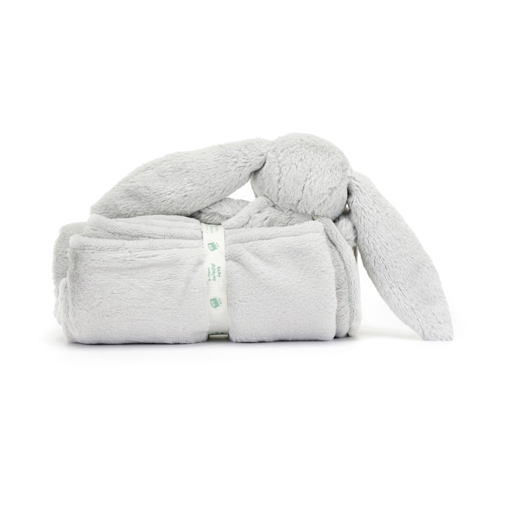 Gray plush bunny and blanket.