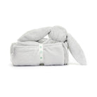 Gray plush bunny and blanket.