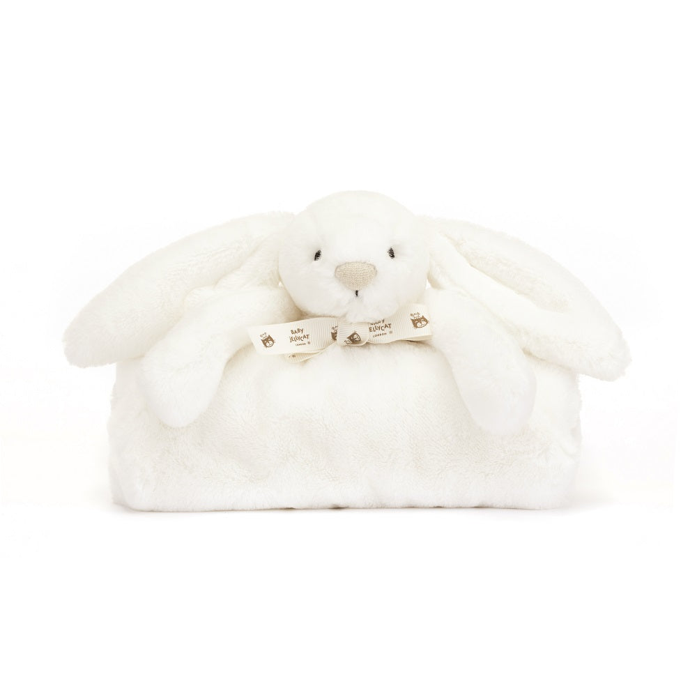 White plush baby bunny toy with bow tie.