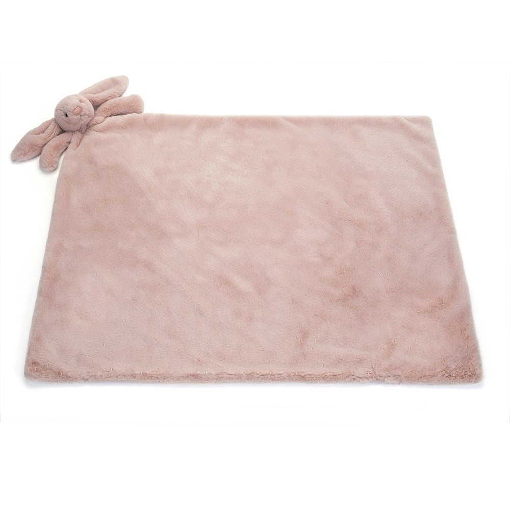 Light pink plush baby blanket with attached bunny head.