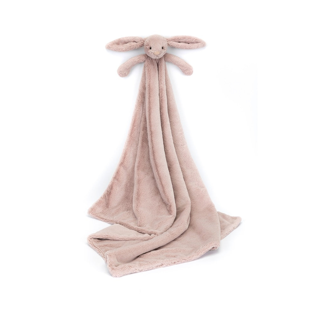 Tan bunny-shaped plush security blanket on a white background.