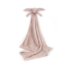 Tan bunny-shaped plush security blanket on a white background.