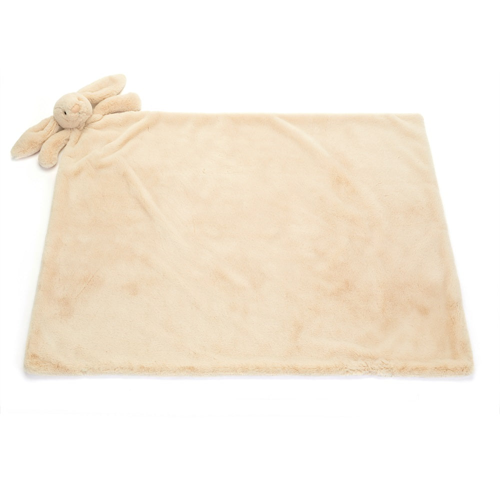 Tan plush bunny lovey blanket.