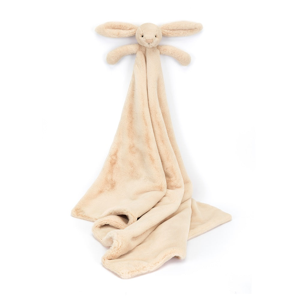 Beige bunny-shaped plush comforter.
