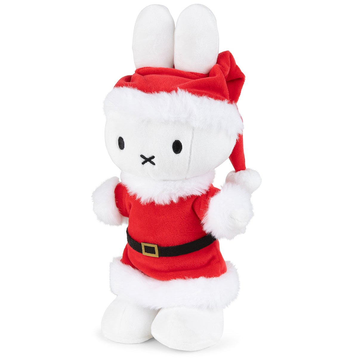 Miffy plush toy dressed in a red and white Santa Claus suit.