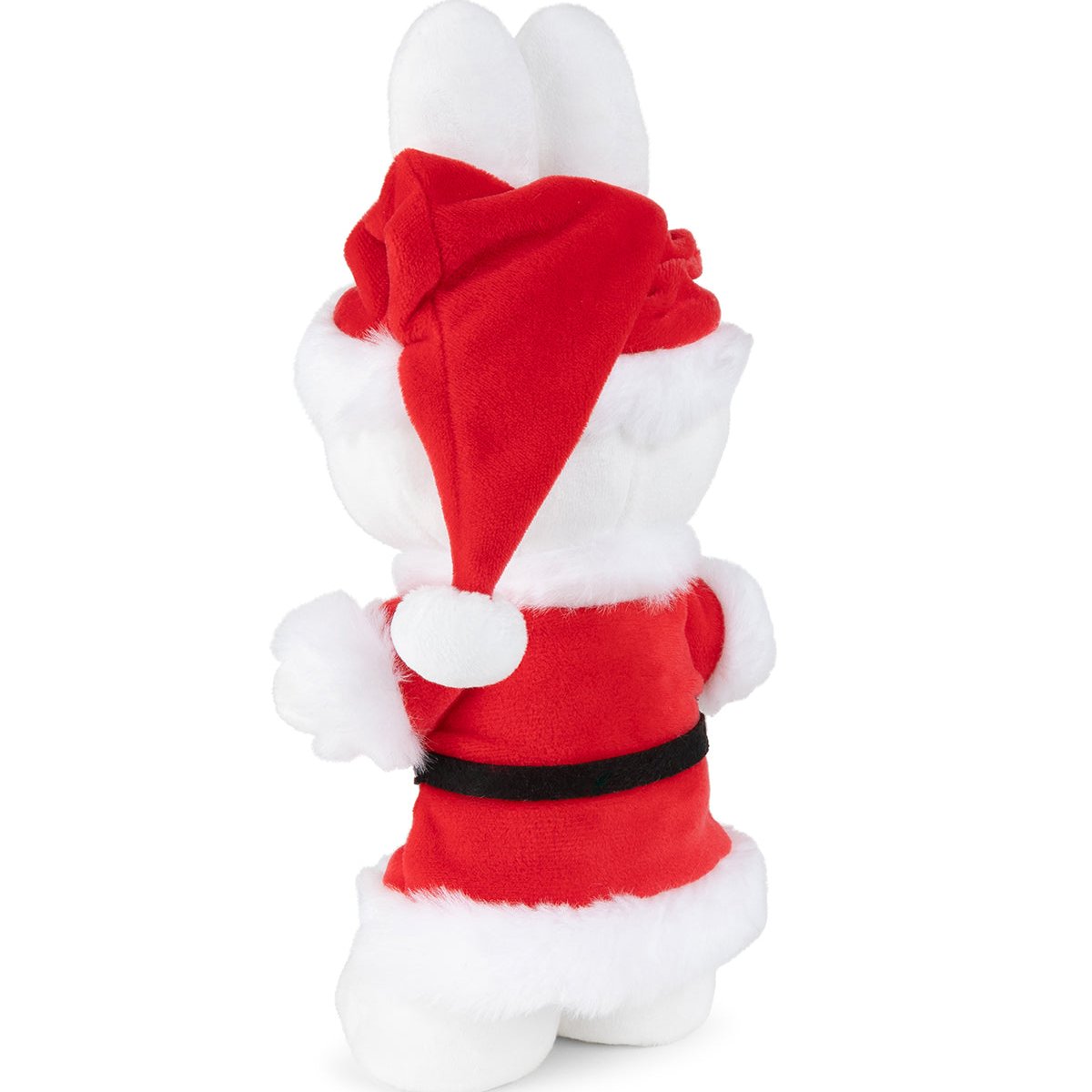 Rear view of a white stuffed rabbit wearing a red Santa hat and suit with white trim and a black belt.