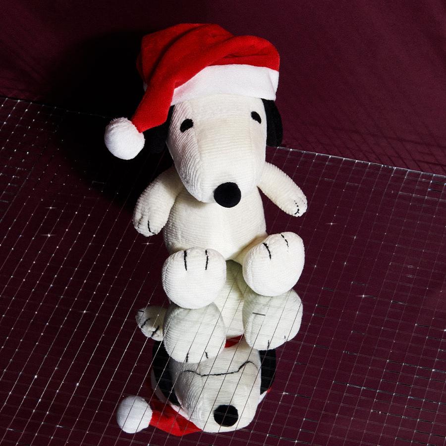 Plush Snoopy in a Santa hat reflected on a mirrored surface.
