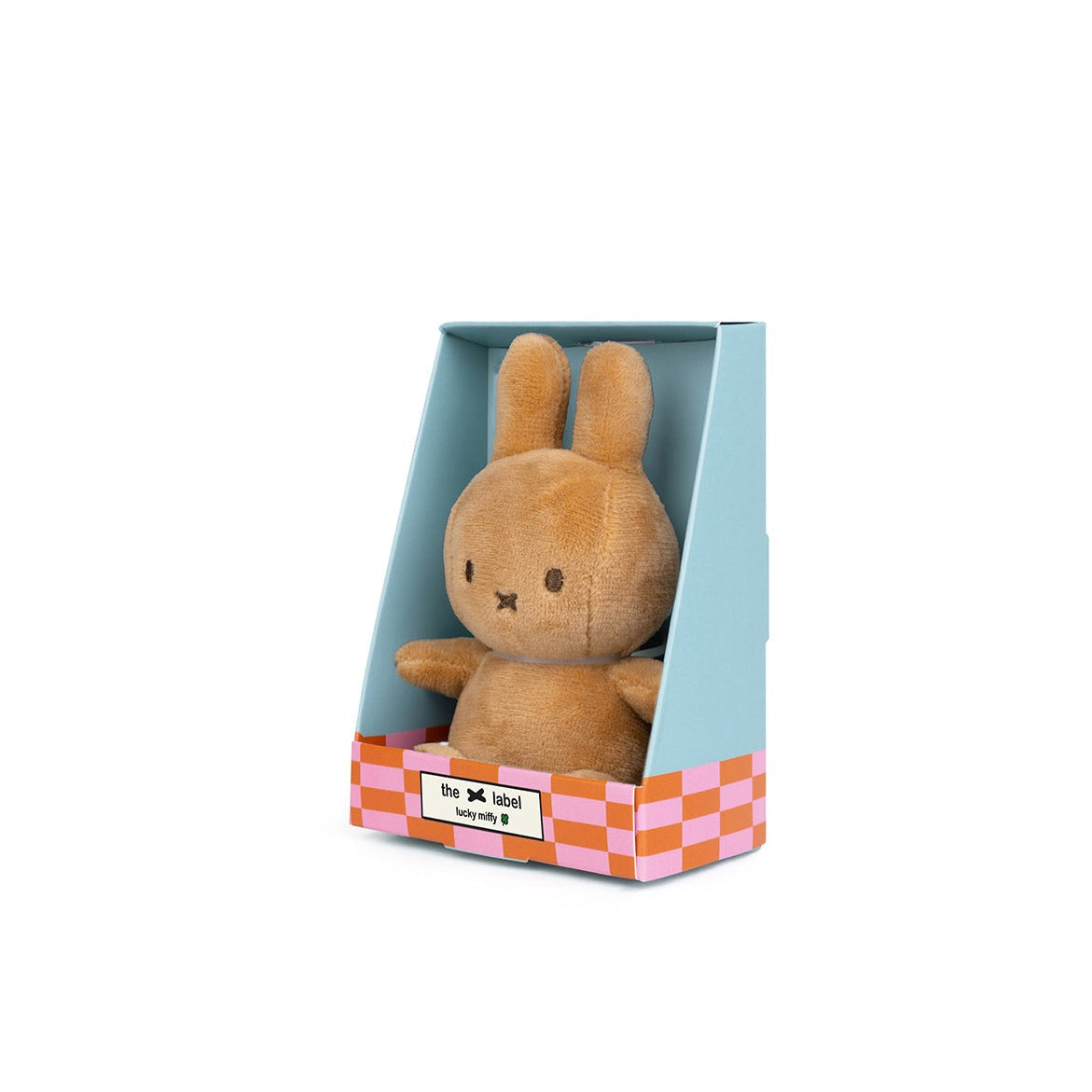Stuffed brown rabbit toy in a light blue box with a checkerboard pattern.