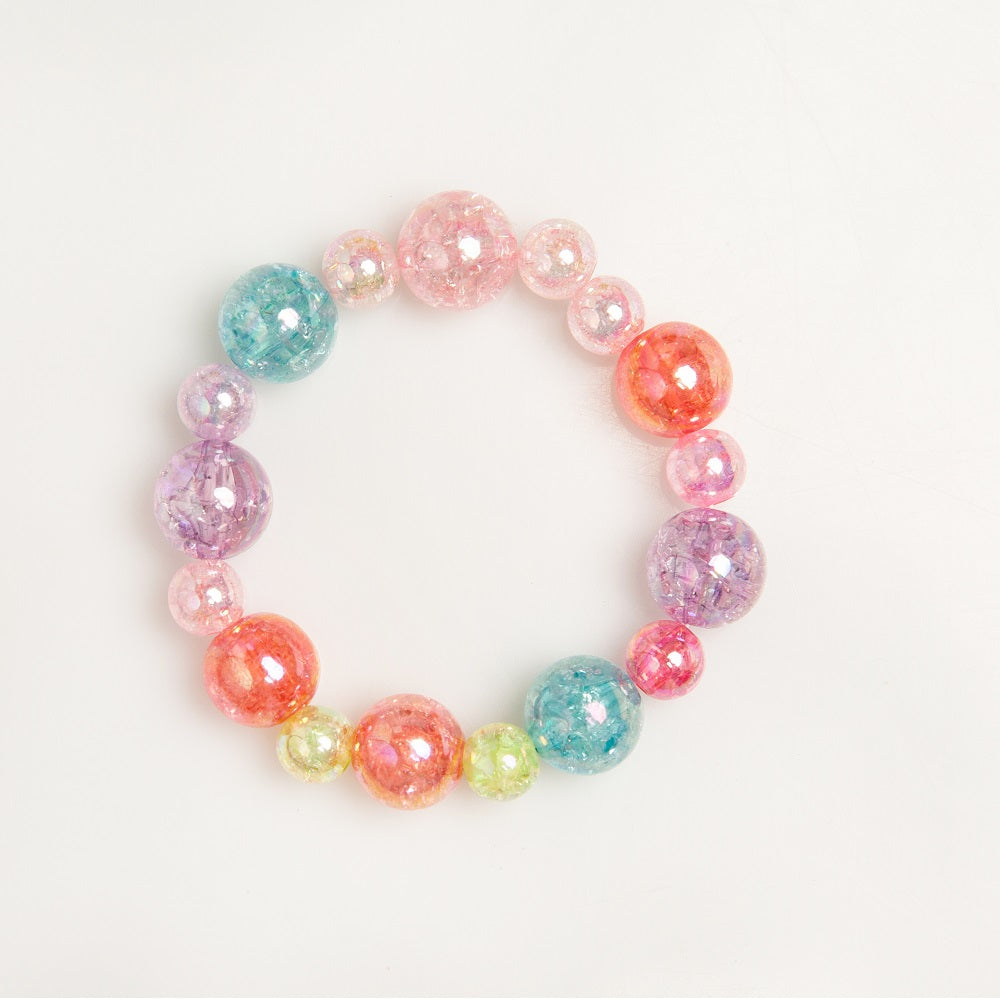 A bracelet of colorful, crackled glass beads.