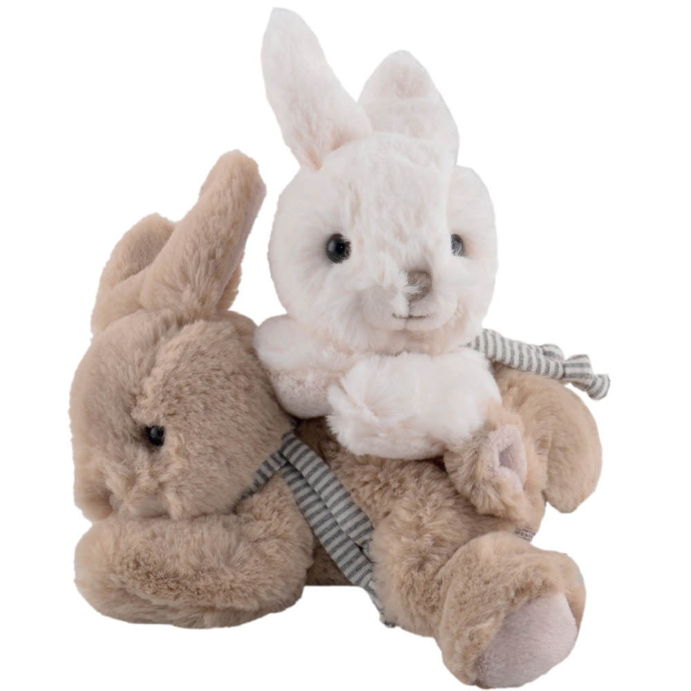 Plush toy with a white rabbit on a brown rabbit's back on a white background