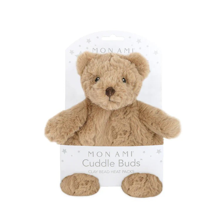 Stuffed brown teddy bear toy with packaging.