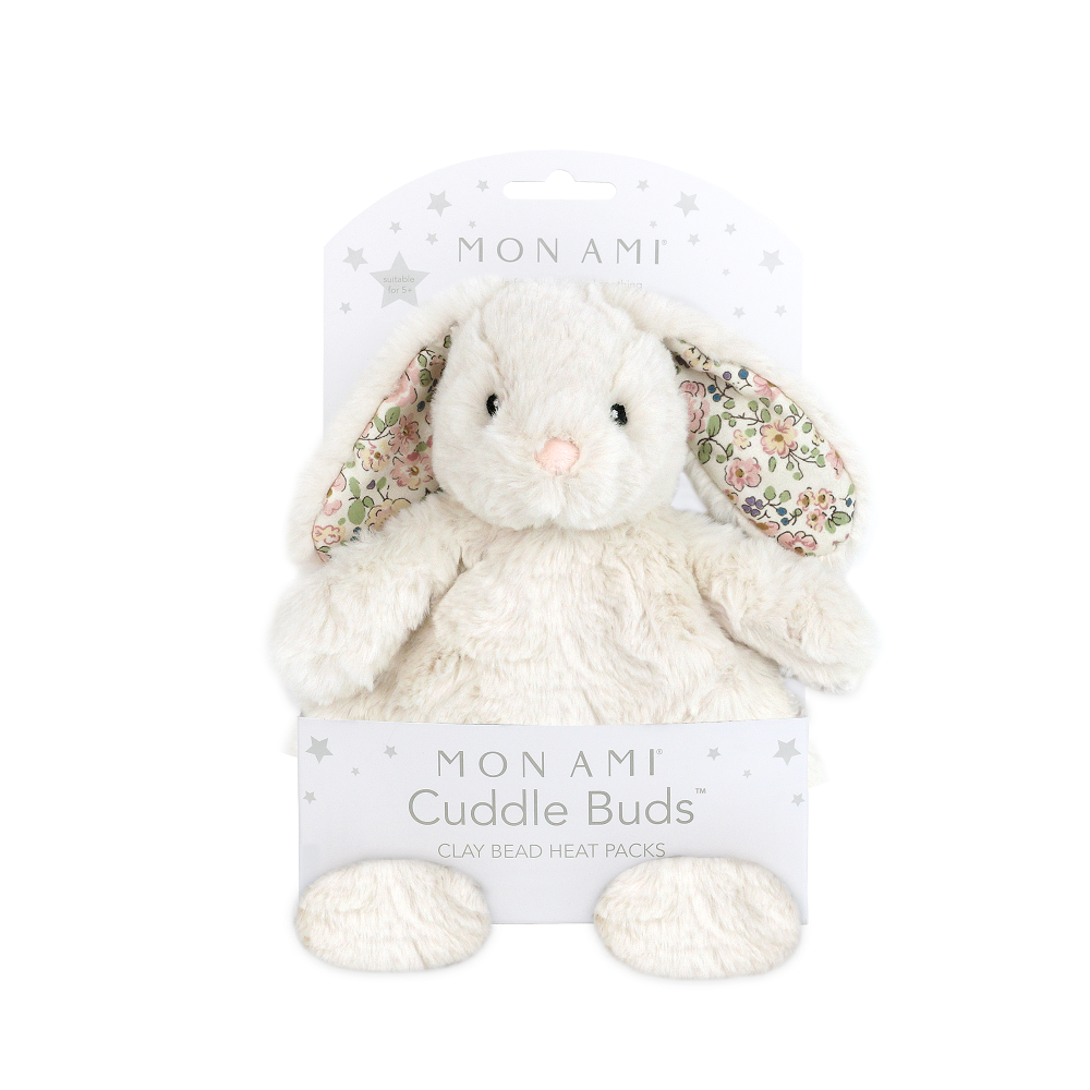 White bunny plush with floral ear accents.