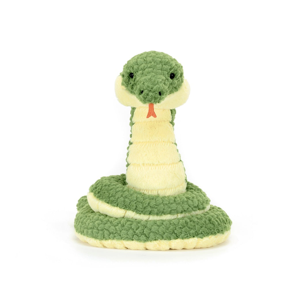 Stuffed snake toy, green and yellow.