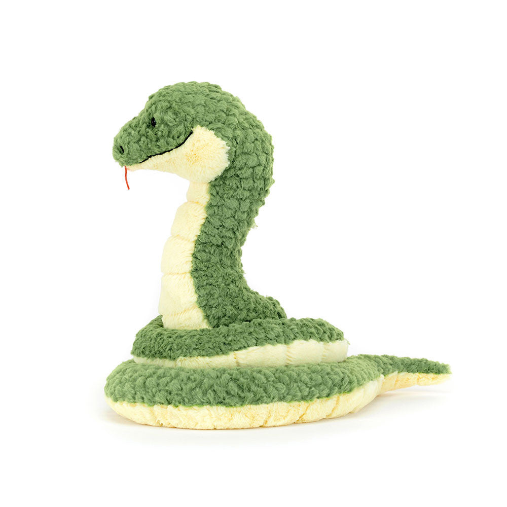 Green and cream plush snake toy.
