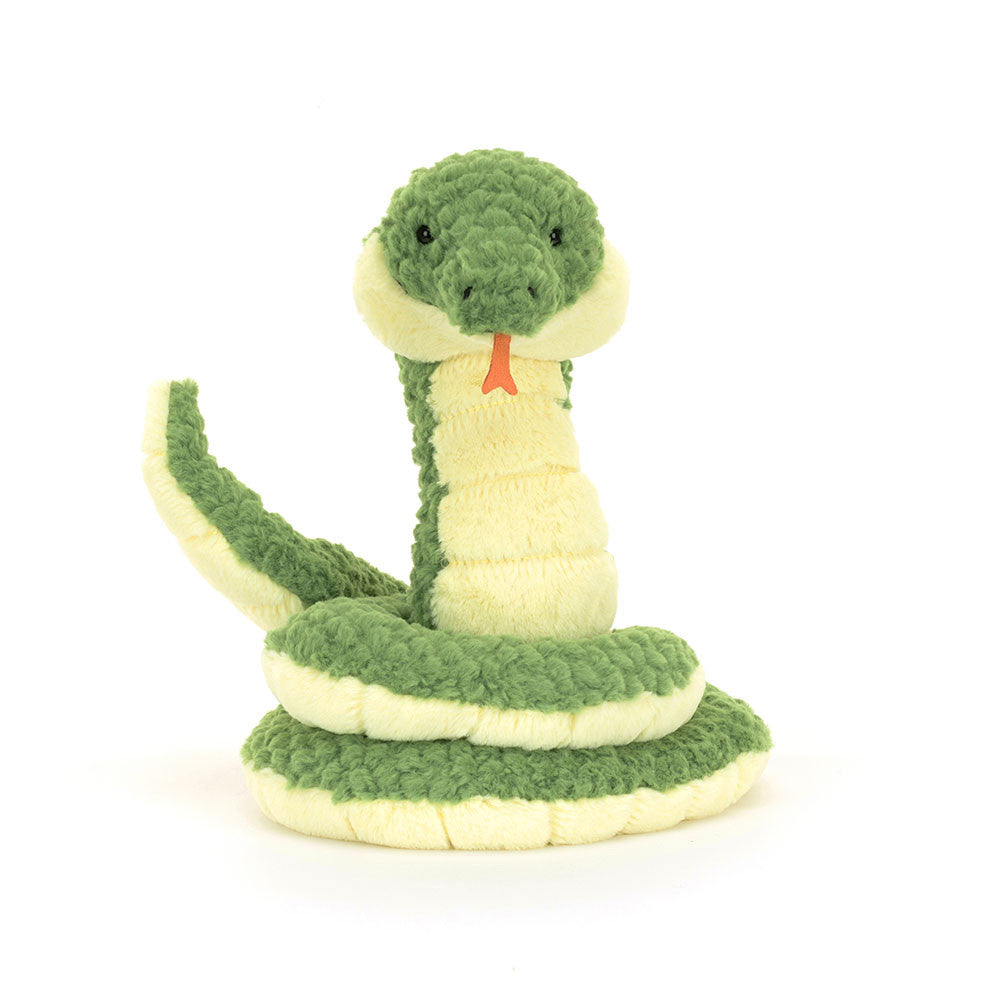 Stuffed snake toy, green and yellow.