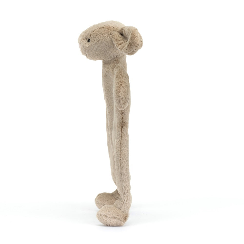 Side view of a beige plush rabbit toy.