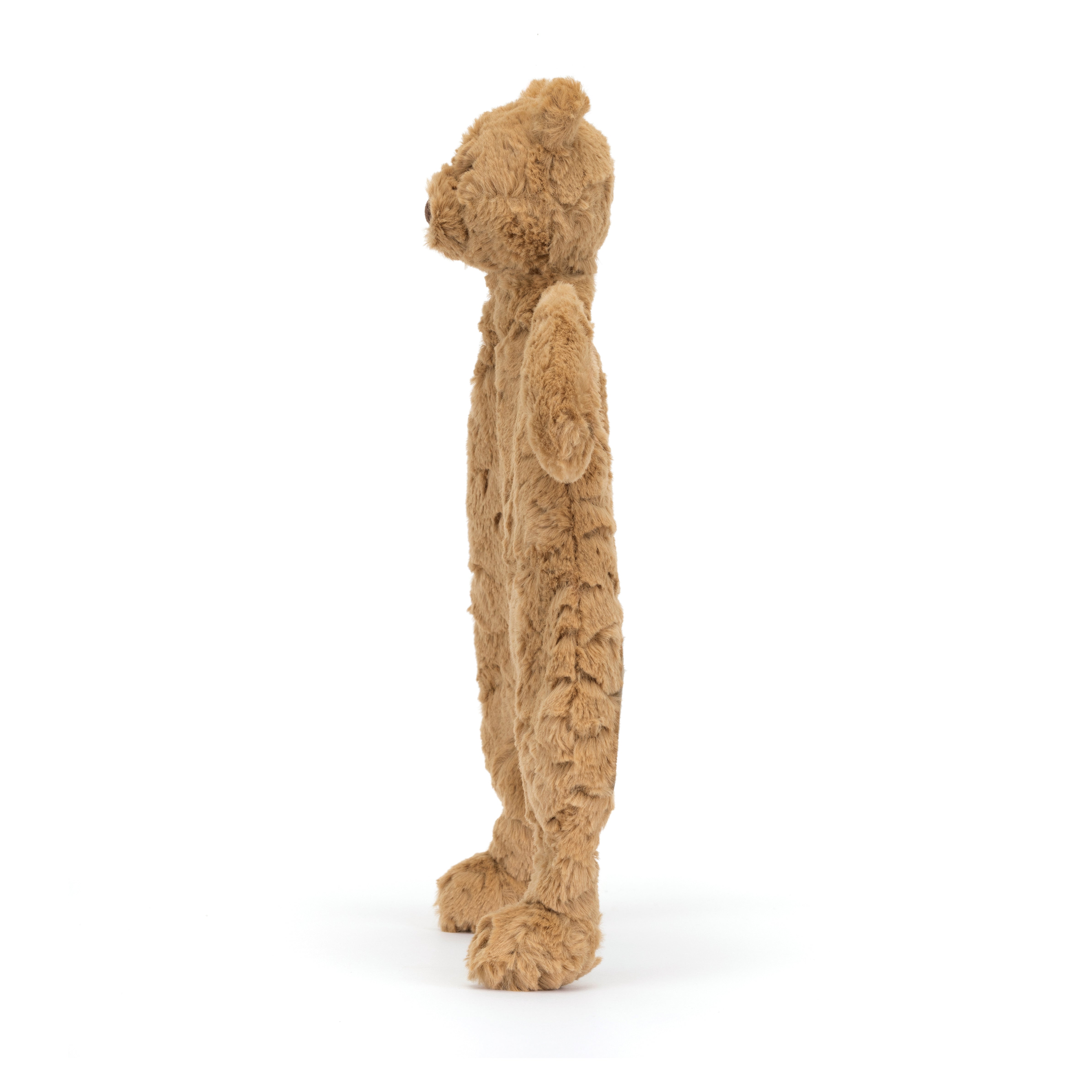 Brown stuffed teddy bear standing in profile.