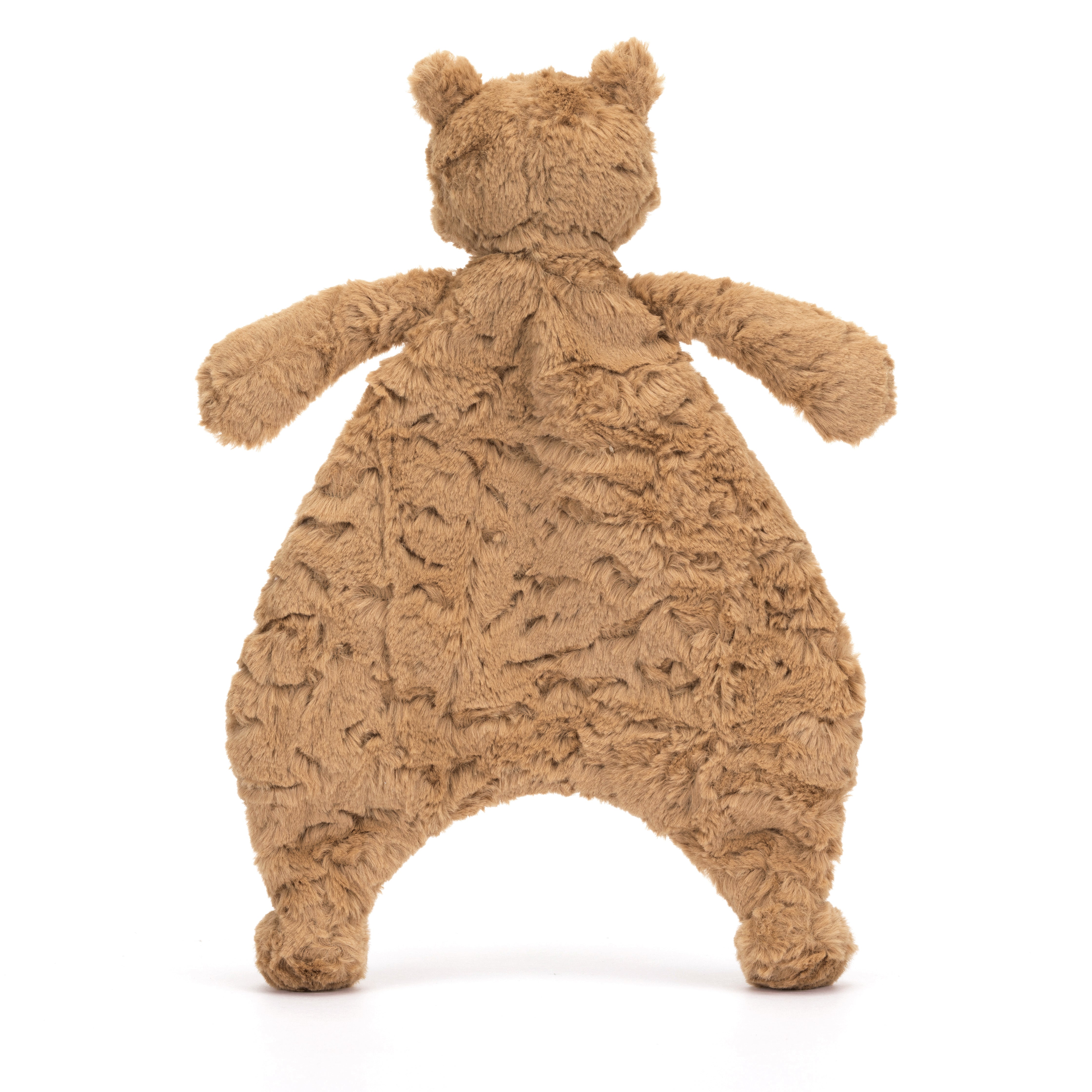 Fuzzy brown bear security blanket toy, back view.