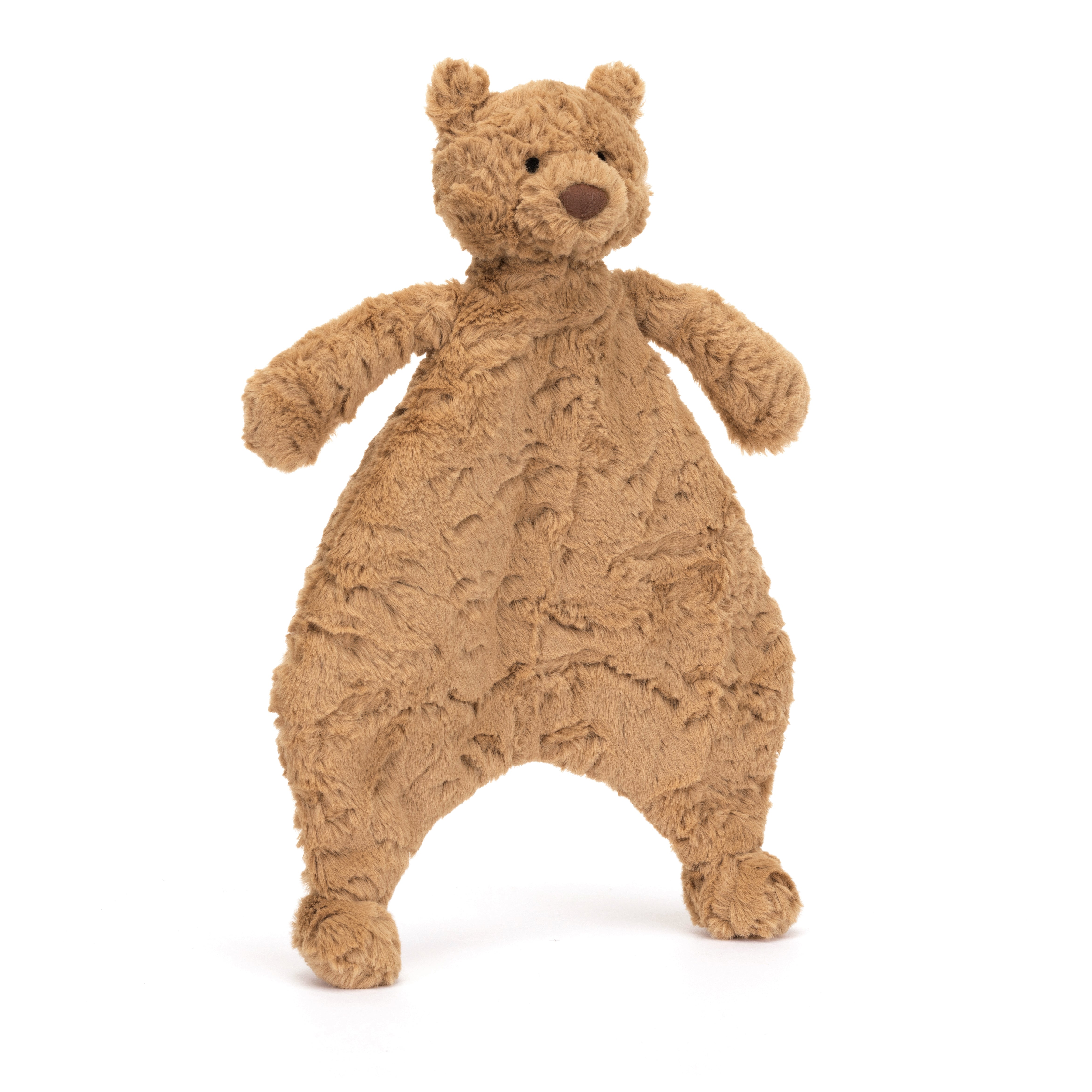 Brown plush bear toy standing on a white background.