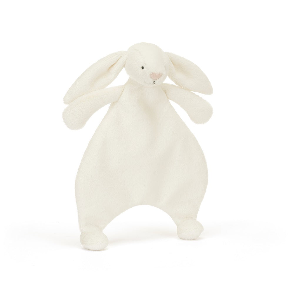A plush, off-white bunny lovey with long ears and a pink nose.
