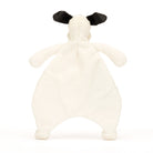 Rear view of a plush, cream-colored baby comforter with black ears, on a white background.