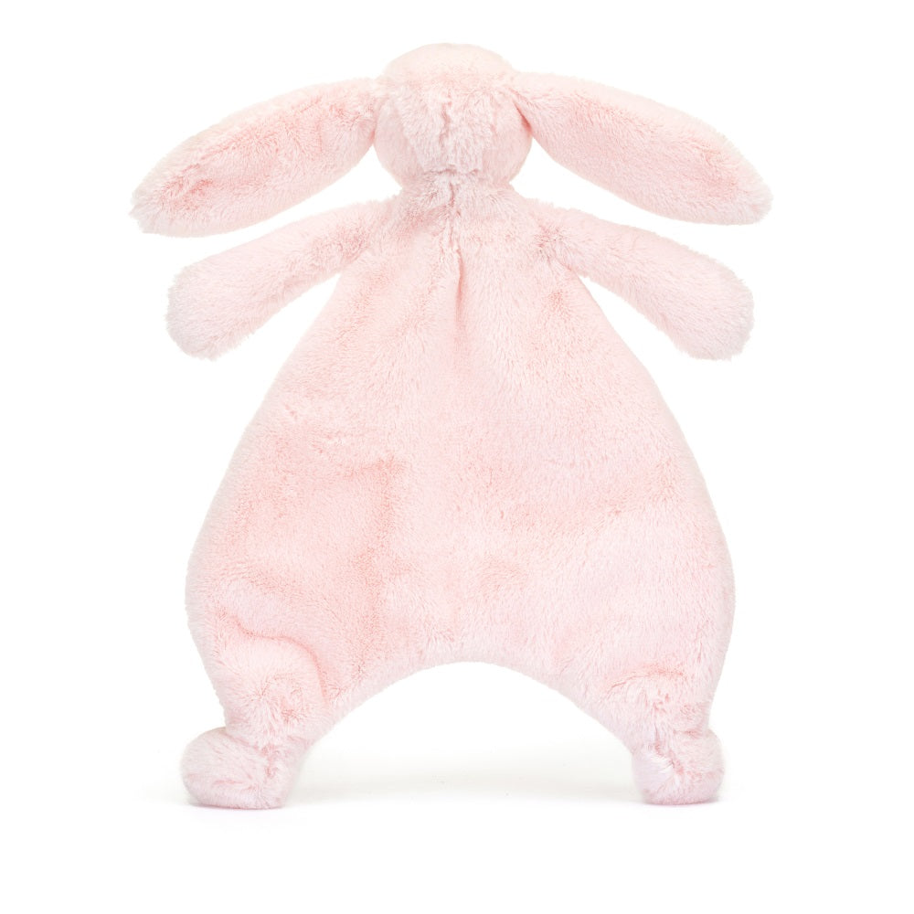 Pink plush bunny lovey with long ears, small arms, and triangular blanket body.