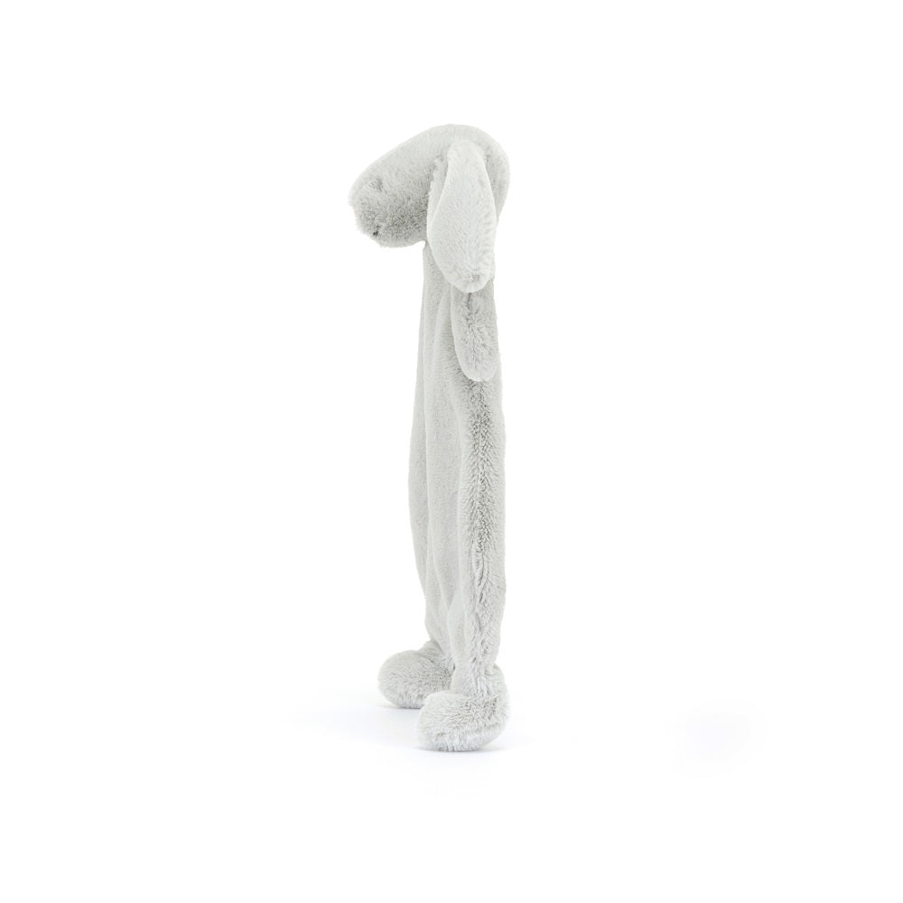 Gray stuffed animal rabbit standing upright.