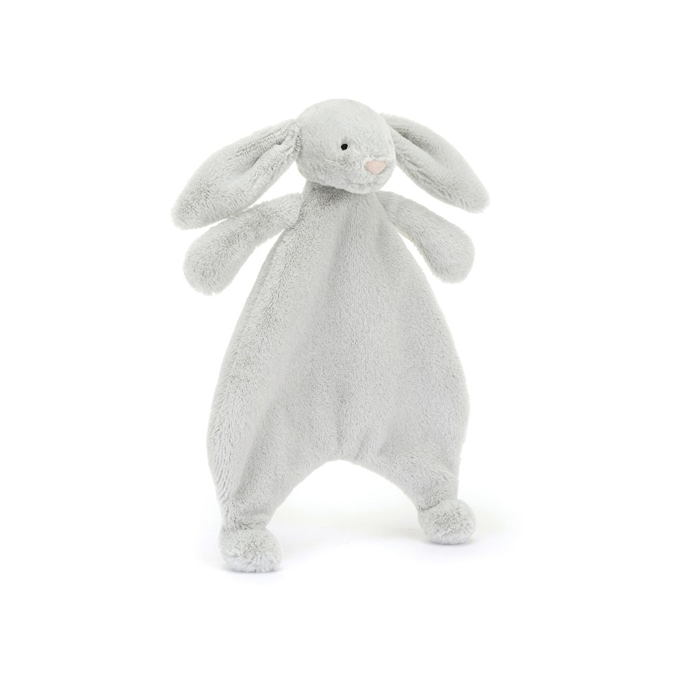 Gray bunny plush with pink nose.