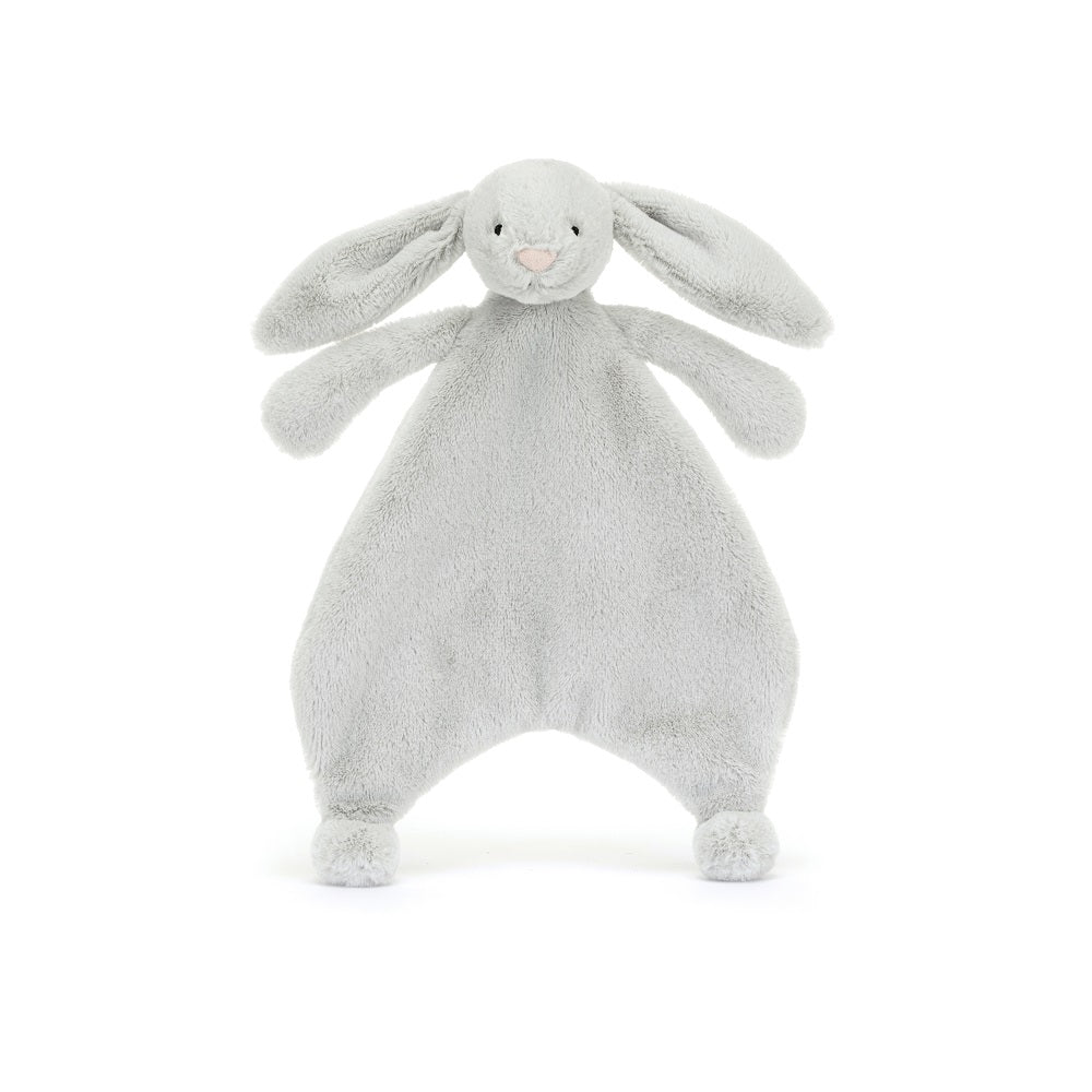 Gray plush bunny lovey with long ears.