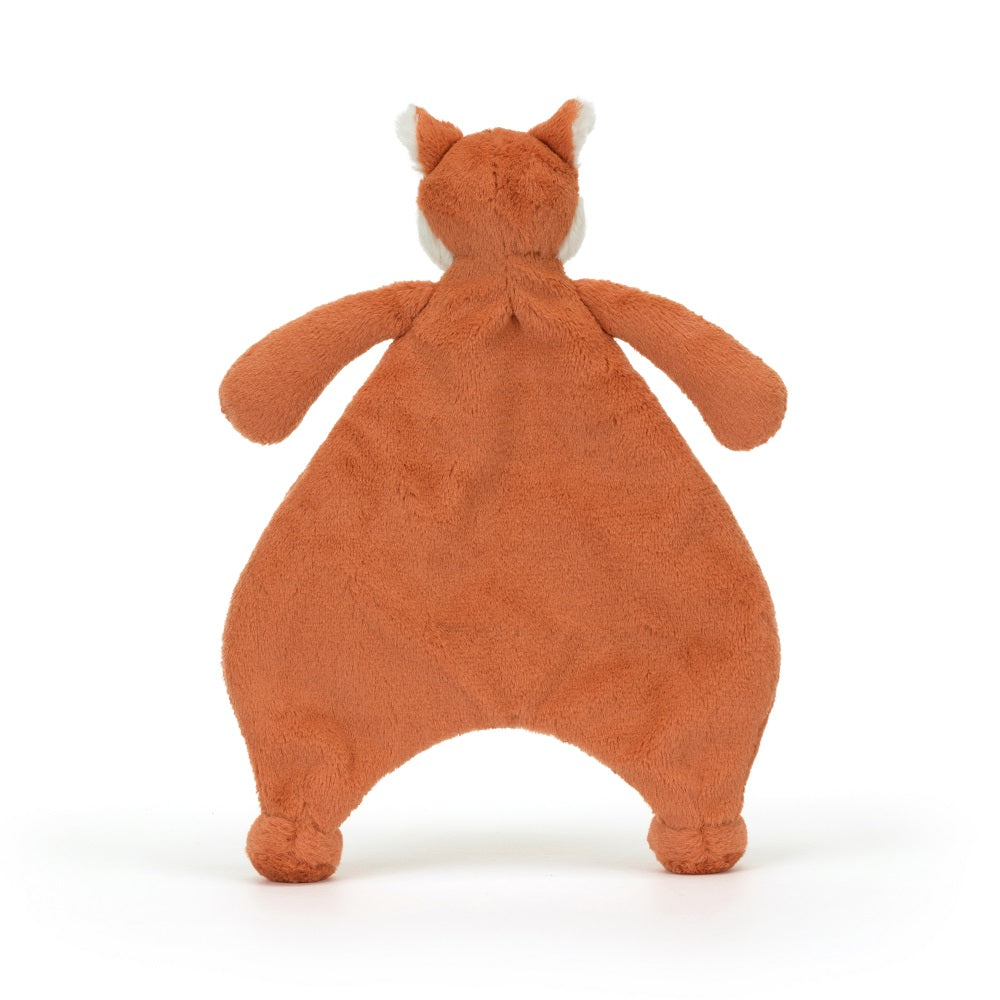 Stuffed fox baby lovey, back view.