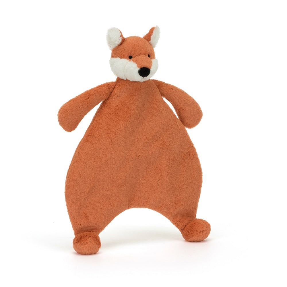 Orange plush fox toy with white markings.