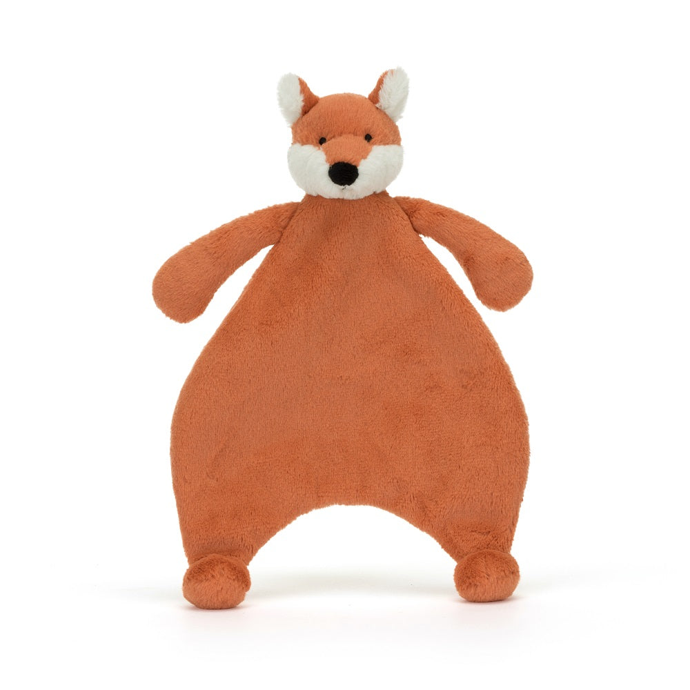 Orange fox plush toy with white accents.
