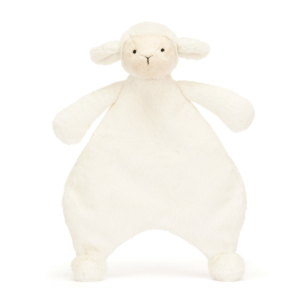 Cream-colored plush lamb lovie.