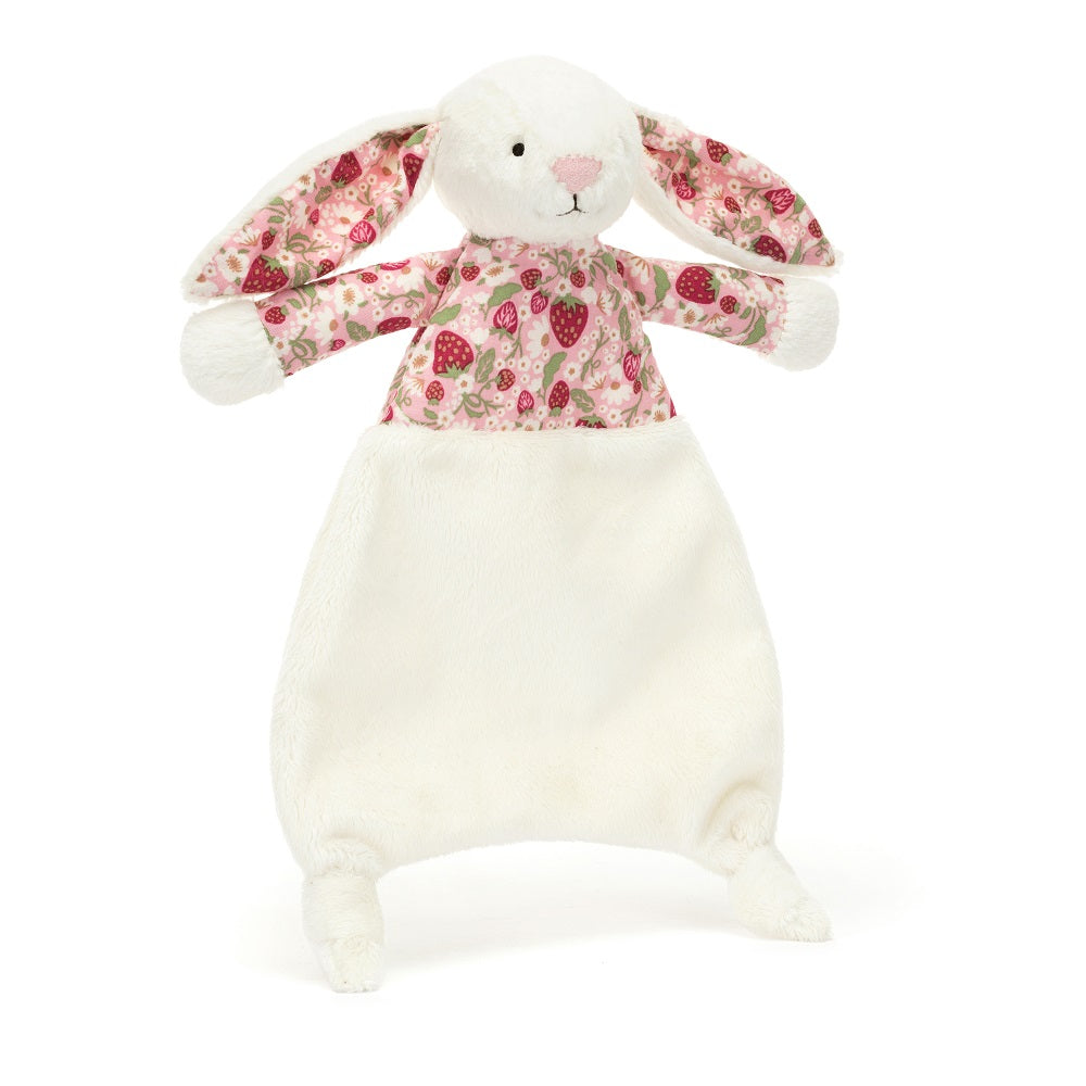 White plush bunny lovie with strawberry floral print top and ears.