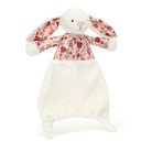 White plush bunny lovie with strawberry floral print top and ears.