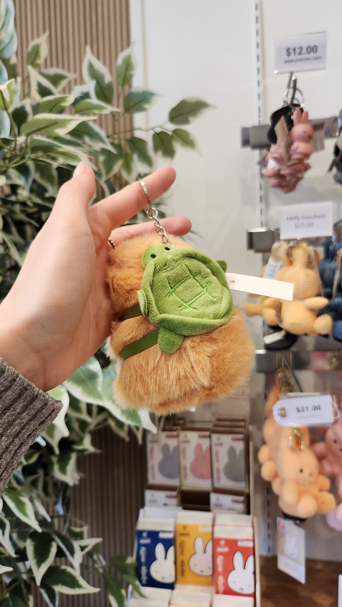 Hand holding a fuzzy brown keychain with a plush green turtle.