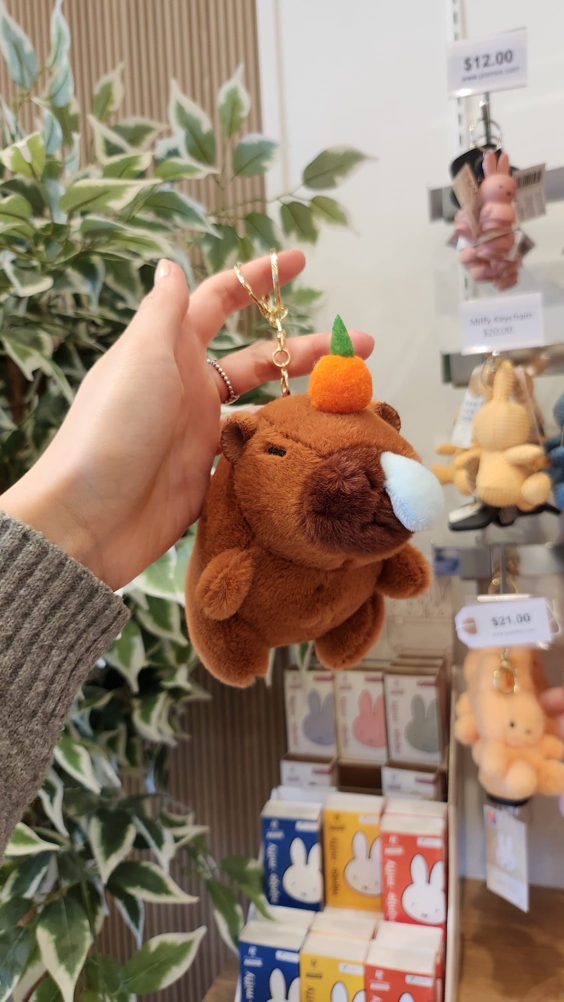 A hand holds a brown plush capybara keychain with a small orange pumpkin on its head and a blue tissue coming from its nose. Plush keychains, Miffy tissues, and a green plant are in the background.