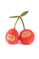 Two cute cherry plush toys with embroidered faces and green stems.