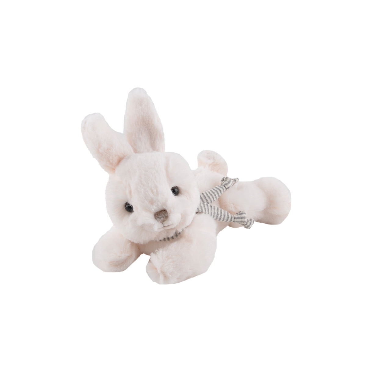 White plush bunny toy with a striped bow on a white background