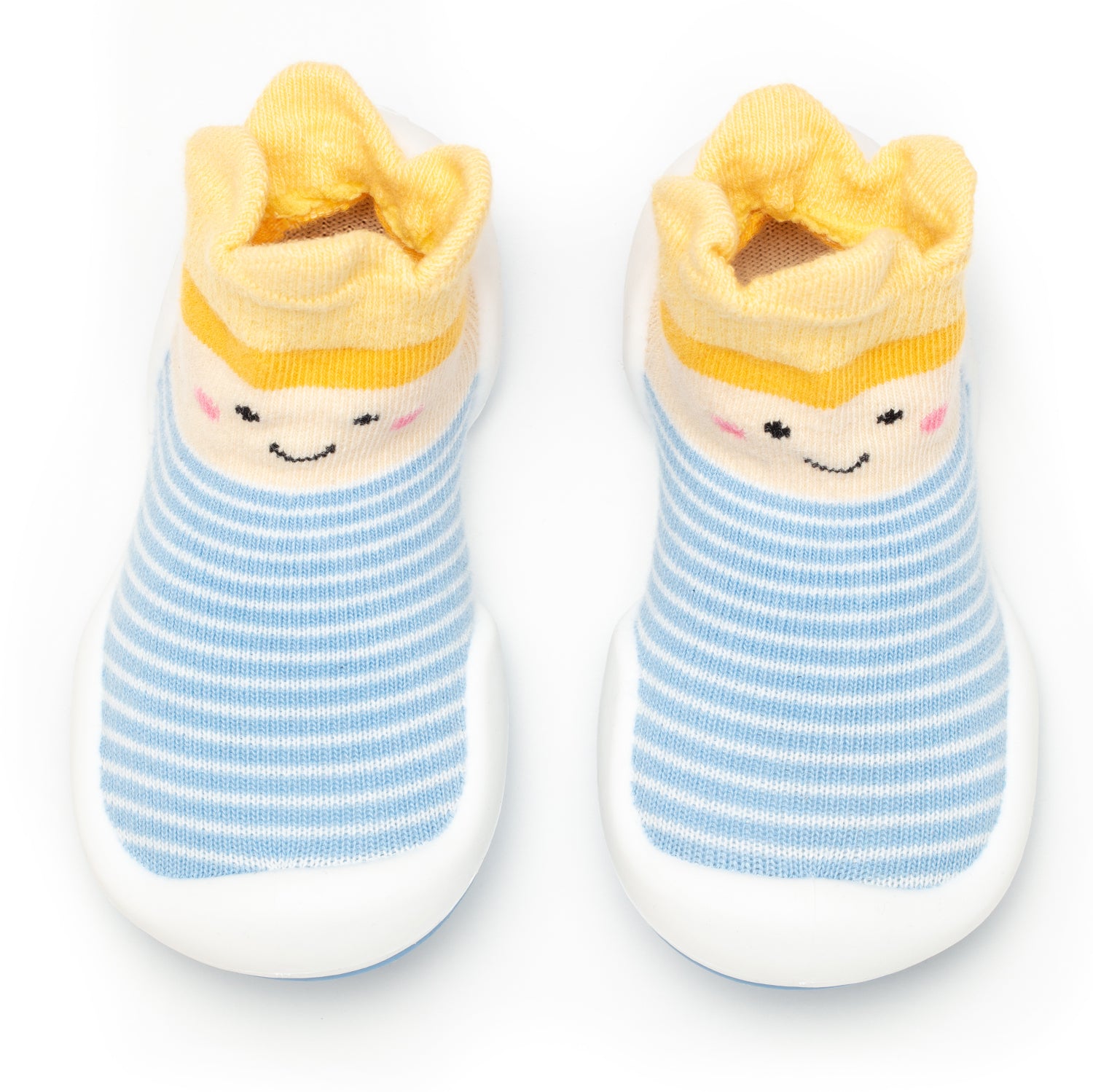 Two baby sock-shoes, blue and white stripes, cartoon face, yellow trim, white soles.
